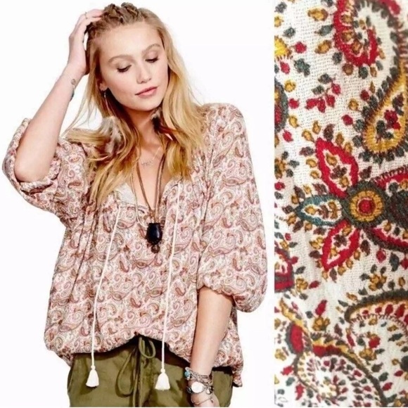 Denim & Supply Ralph Lauren Boho Peasant Tassle Top Cream Paisley - Picture 1 of 6